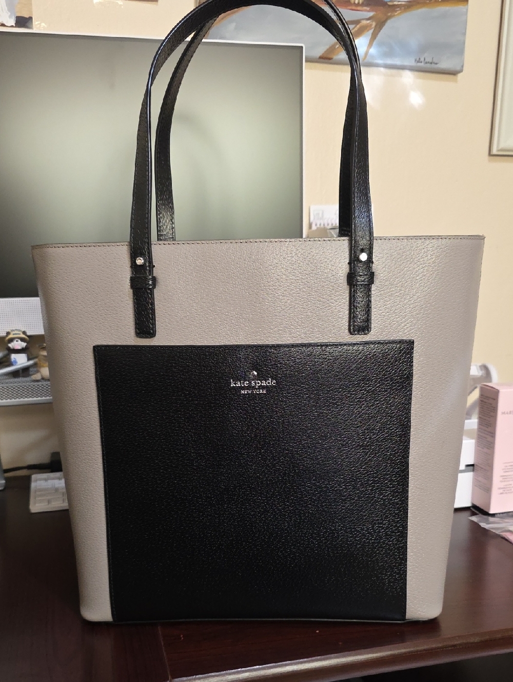 kate spade Gray and Black Leather Tote with Front Pocket